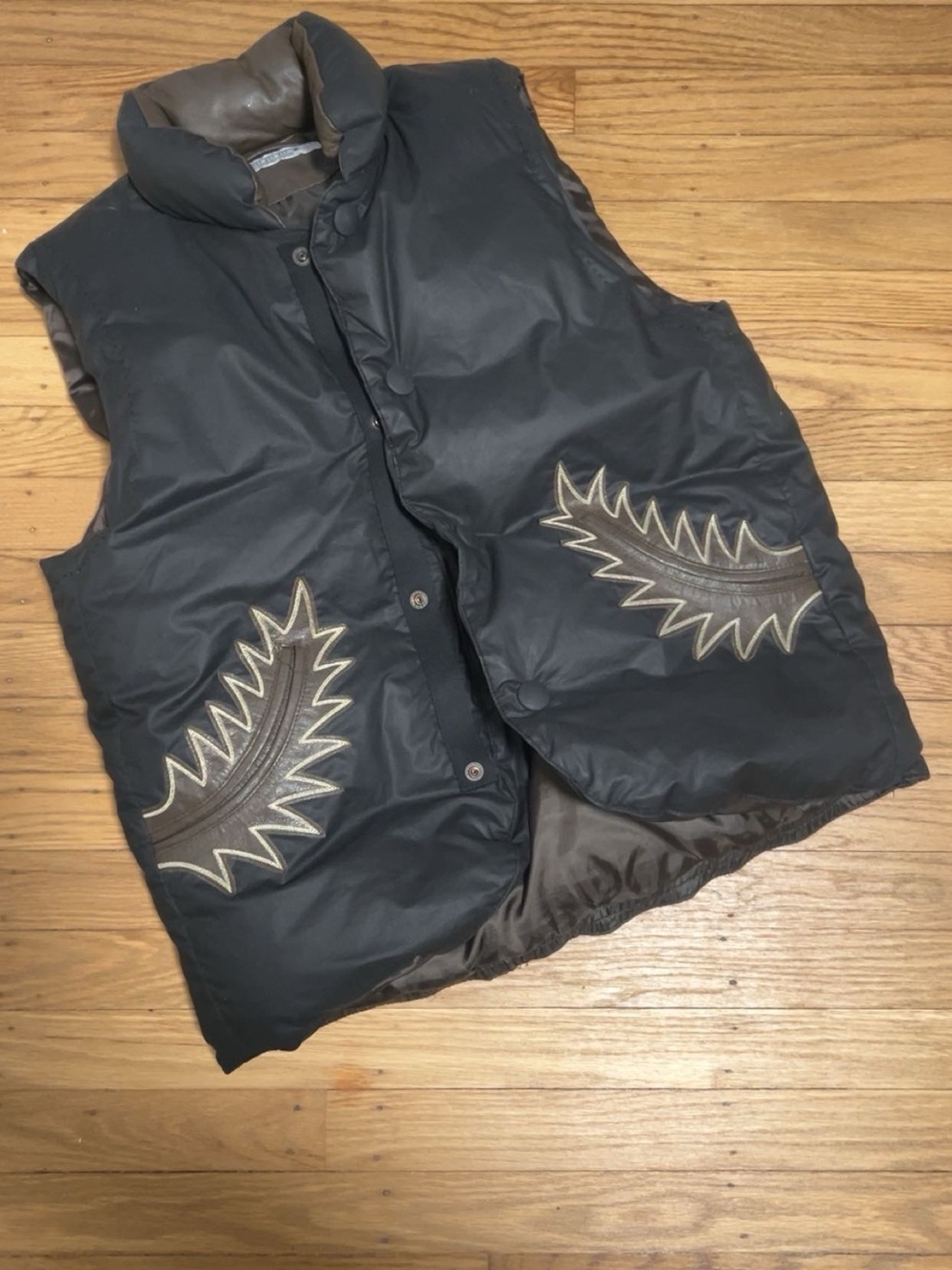 Men's Black Quilted sasquatchfabrix Puffer Vest with Leather Appliqué